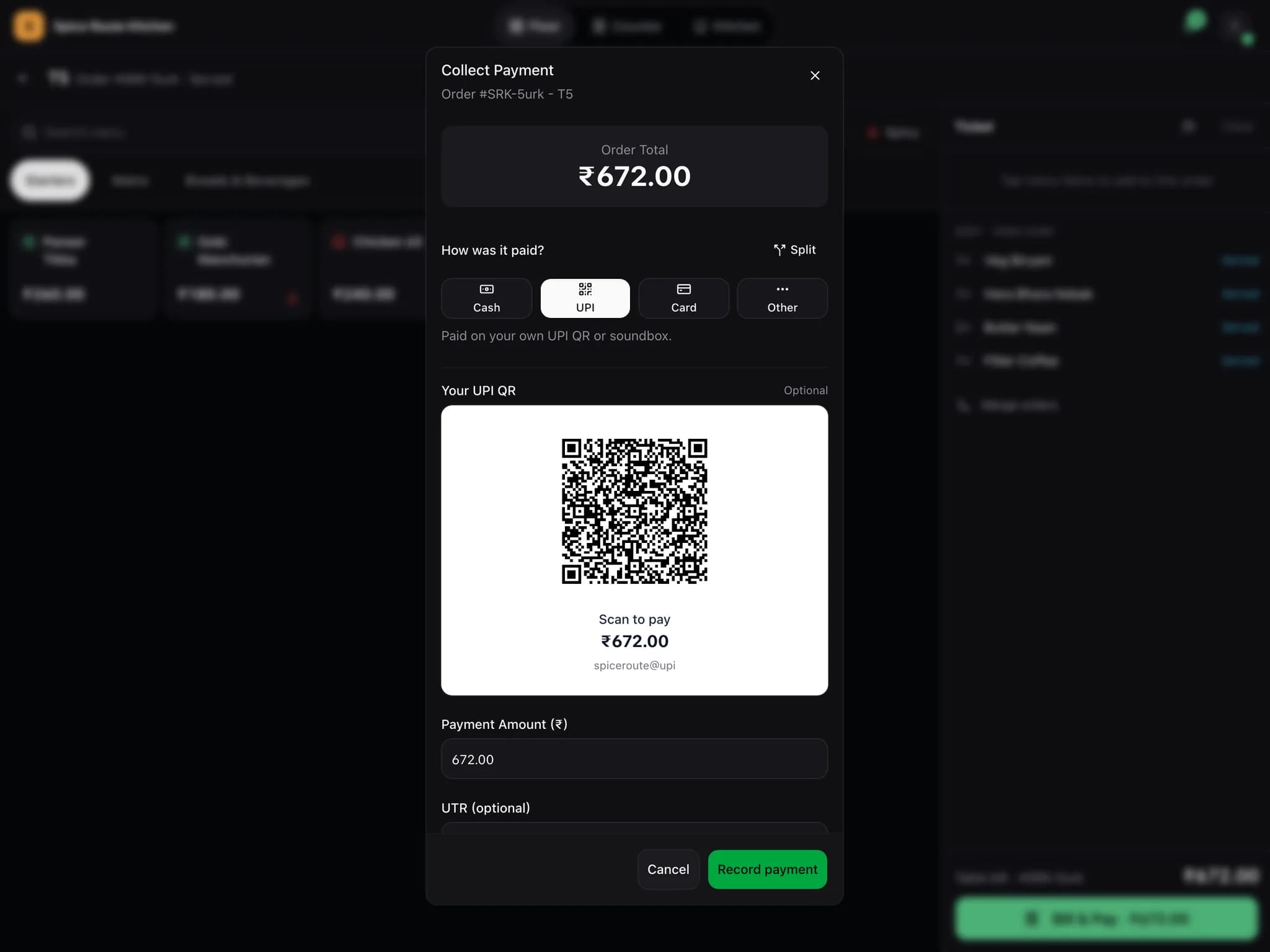 Collect payment on an iPad: cash, UPI, card or other, with a UPI QR for the exact amount.