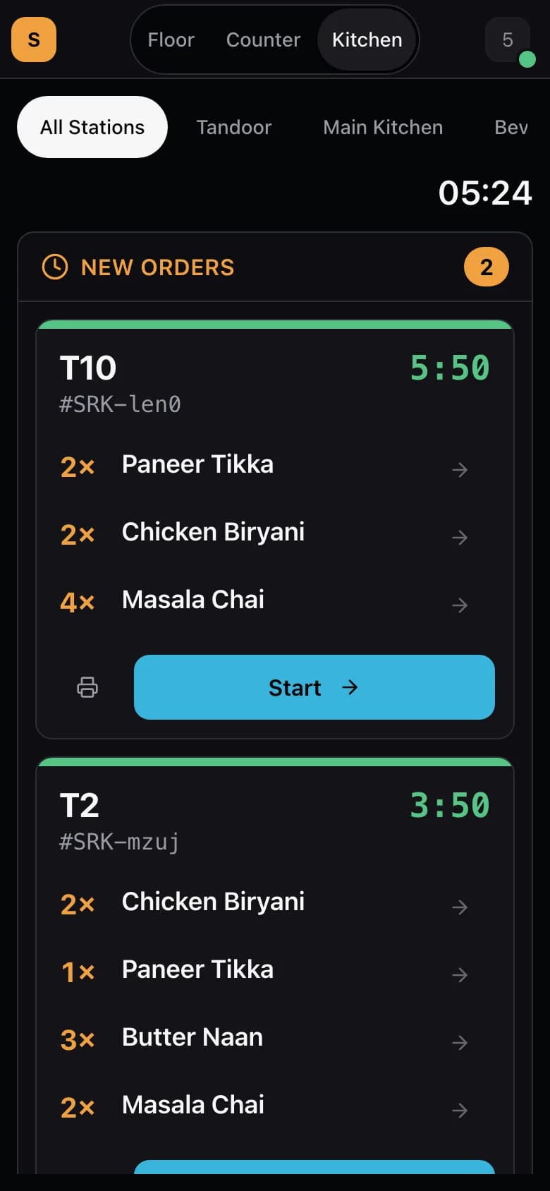 Kitchen ticket: table T2 with its items and a Start button.